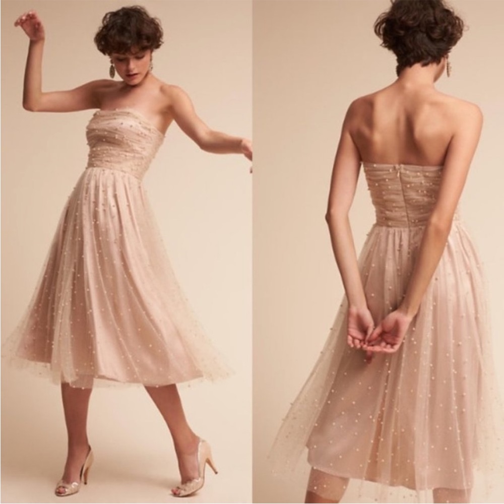 BHLDN Strapless Dress in Champagne with pearl accents Bridesmaid / Wedding Guest